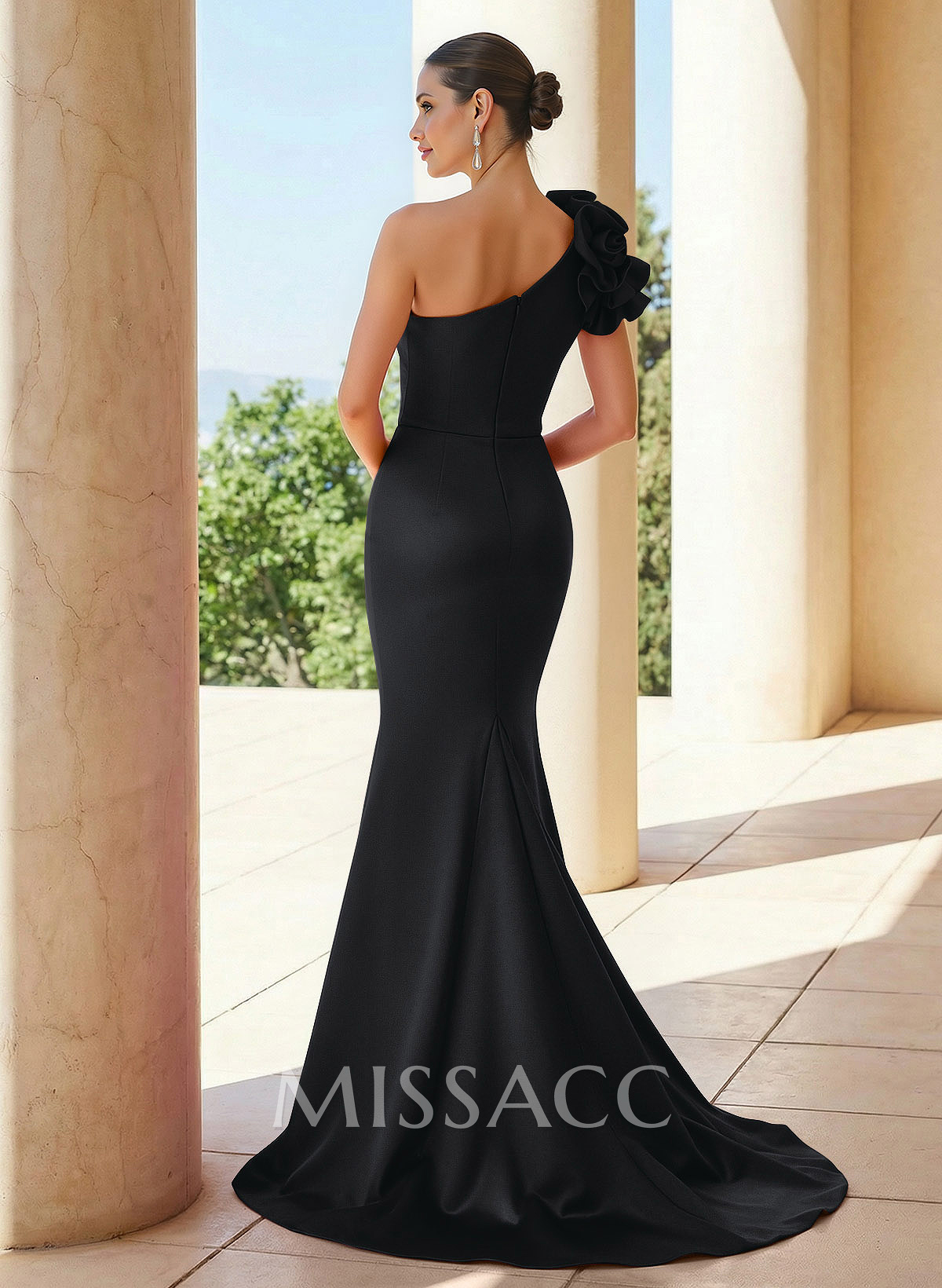 Trumpet/Mermaid One-Shoulder Sleeveless Sweep Train Satin Evening Dresses With Flower(s)