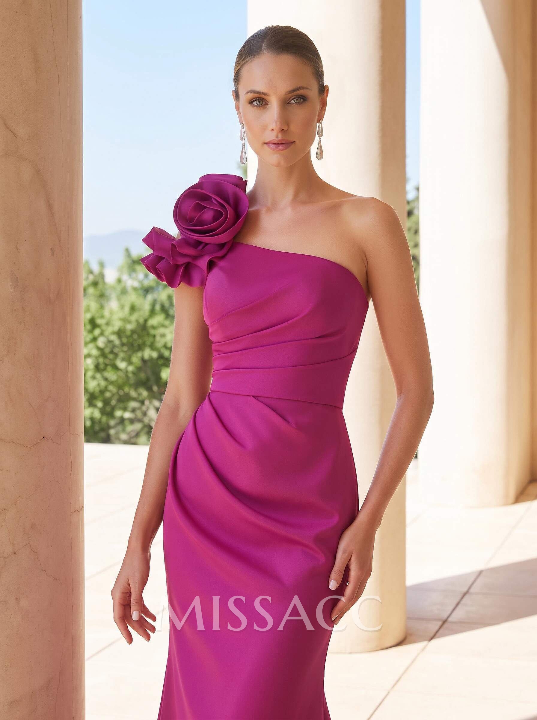 Trumpet/Mermaid One-Shoulder Sleeveless Sweep Train Satin Evening Dresses With Flower(s)