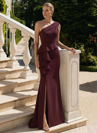 Trumpet/Mermaid One-Shoulder Sleeveless Sweep Train Elastic Satin Evening Dresses With High Split