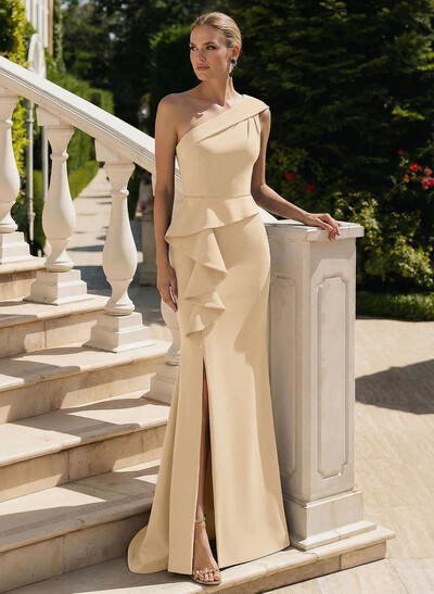 Trumpet/Mermaid One-Shoulder Sleeveless Sweep Train Elastic Satin Evening Dresses With High Split