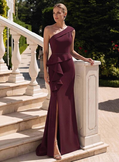 Trumpet/Mermaid One-Shoulder Sleeveless Sweep Train Elastic Satin Evening Dresses With High Split