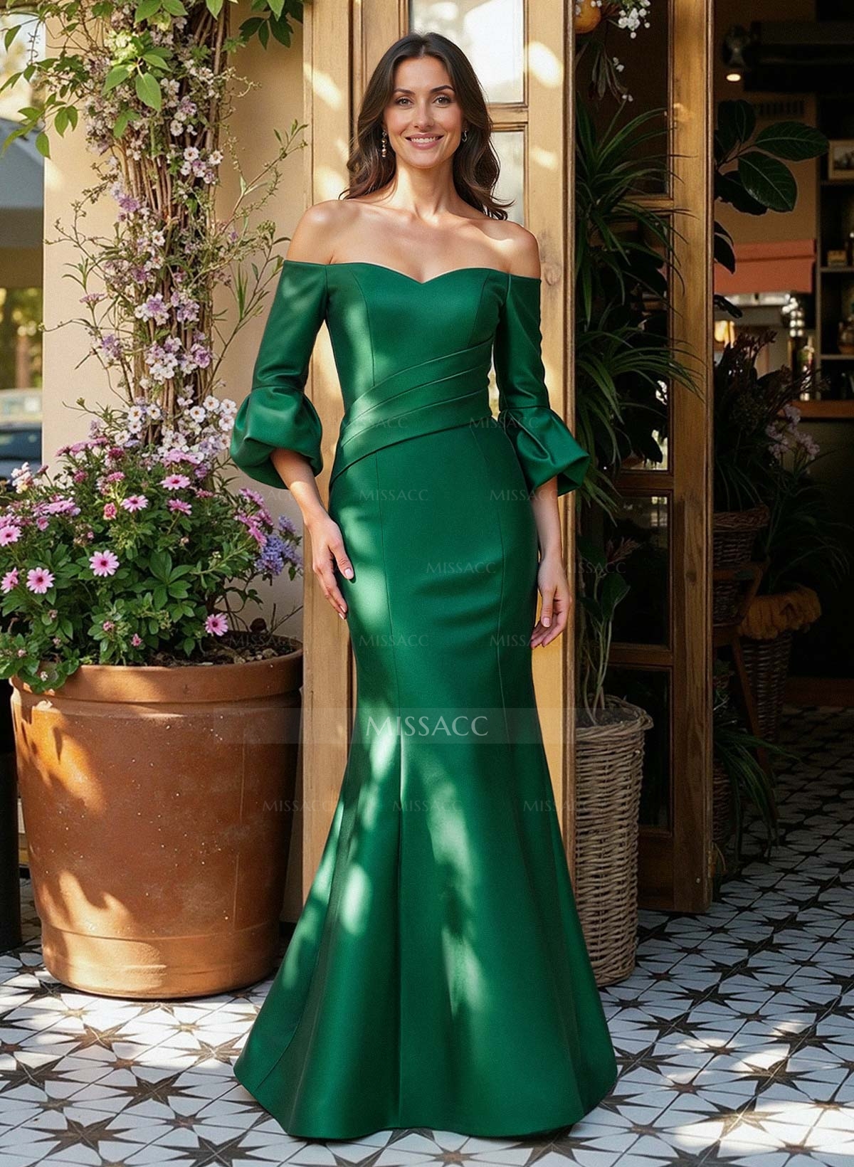Sheath/Column Off-The-Shoulder 1/2 Sleeves Floor-Length Satin Evening Dresses