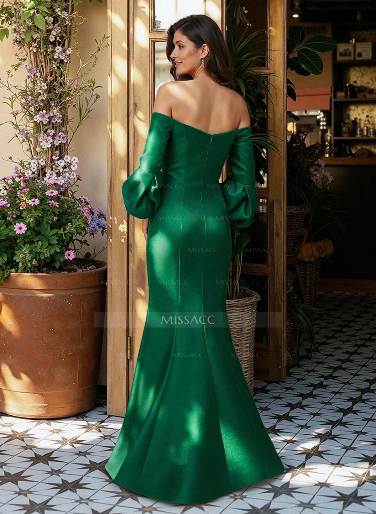 Sheath/Column Off-The-Shoulder 1/2 Sleeves Floor-Length Satin Evening Dresses