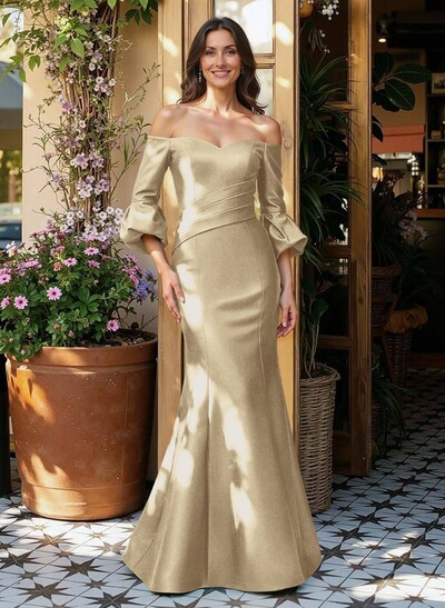 Sheath/Column Off-The-Shoulder 1/2 Sleeves Floor-Length Satin Evening Dresses