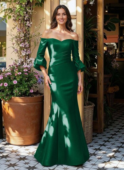Sheath/Column Off-The-Shoulder 1/2 Sleeves Floor-Length Satin Evening Dresses