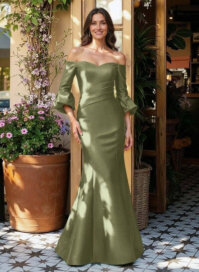Sheath/Column Off-The-Shoulder 1/2 Sleeves Floor-Length Satin Evening Dresses