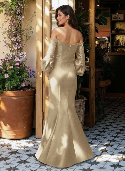 Sheath/Column Off-The-Shoulder 1/2 Sleeves Floor-Length Satin Evening Dresses