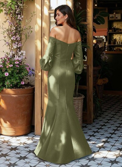 Sheath/Column Off-The-Shoulder 1/2 Sleeves Floor-Length Satin Evening Dresses