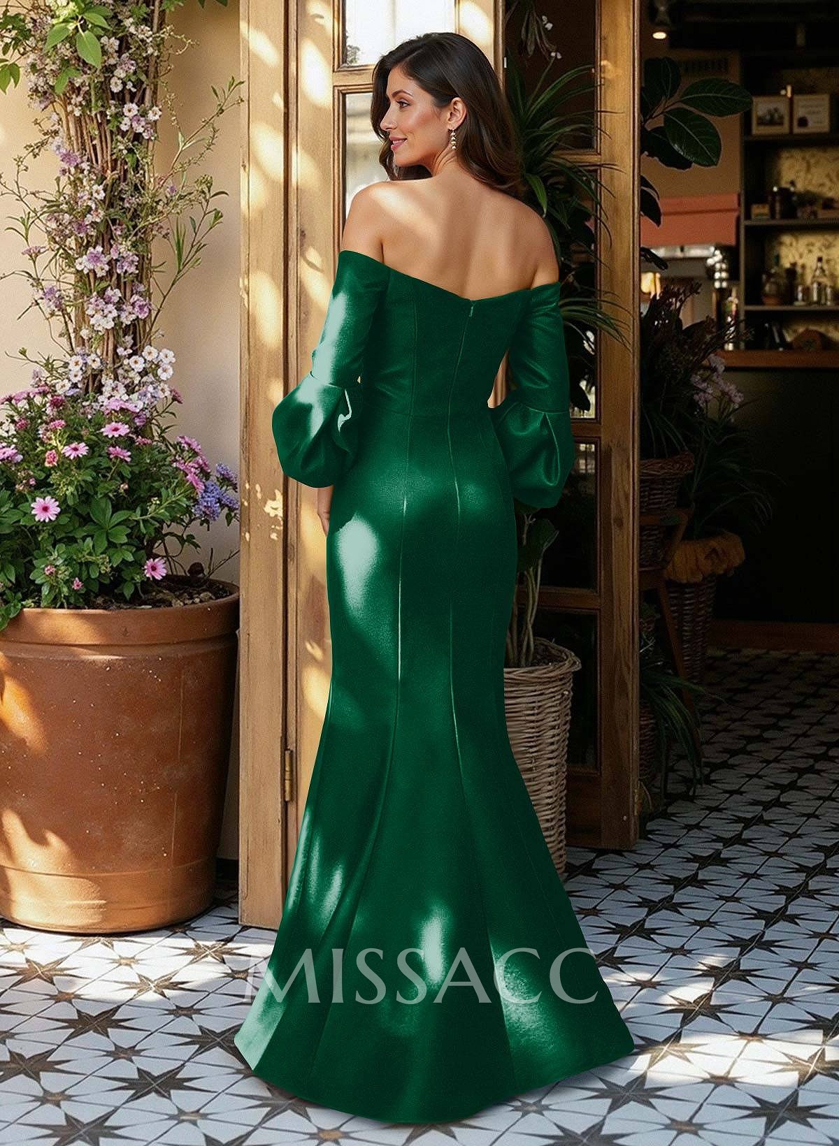 Sheath/Column Off-The-Shoulder 1/2 Sleeves Floor-Length Satin Evening Dresses