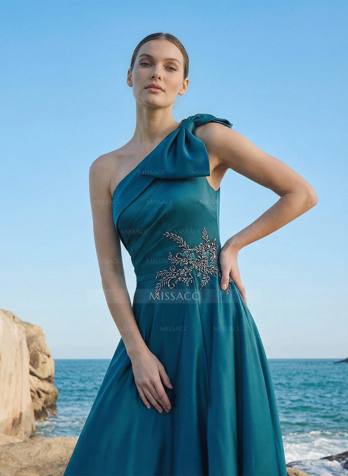 A-Line One-Shoulder Sleeveless Floor-Length Satin Evening Dresses With Rhinestone/High Split