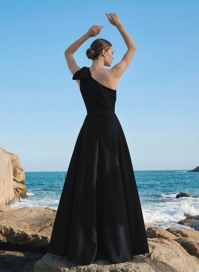 A-Line One-Shoulder Sleeveless Floor-Length Satin Evening Dresses With Rhinestone/High Split