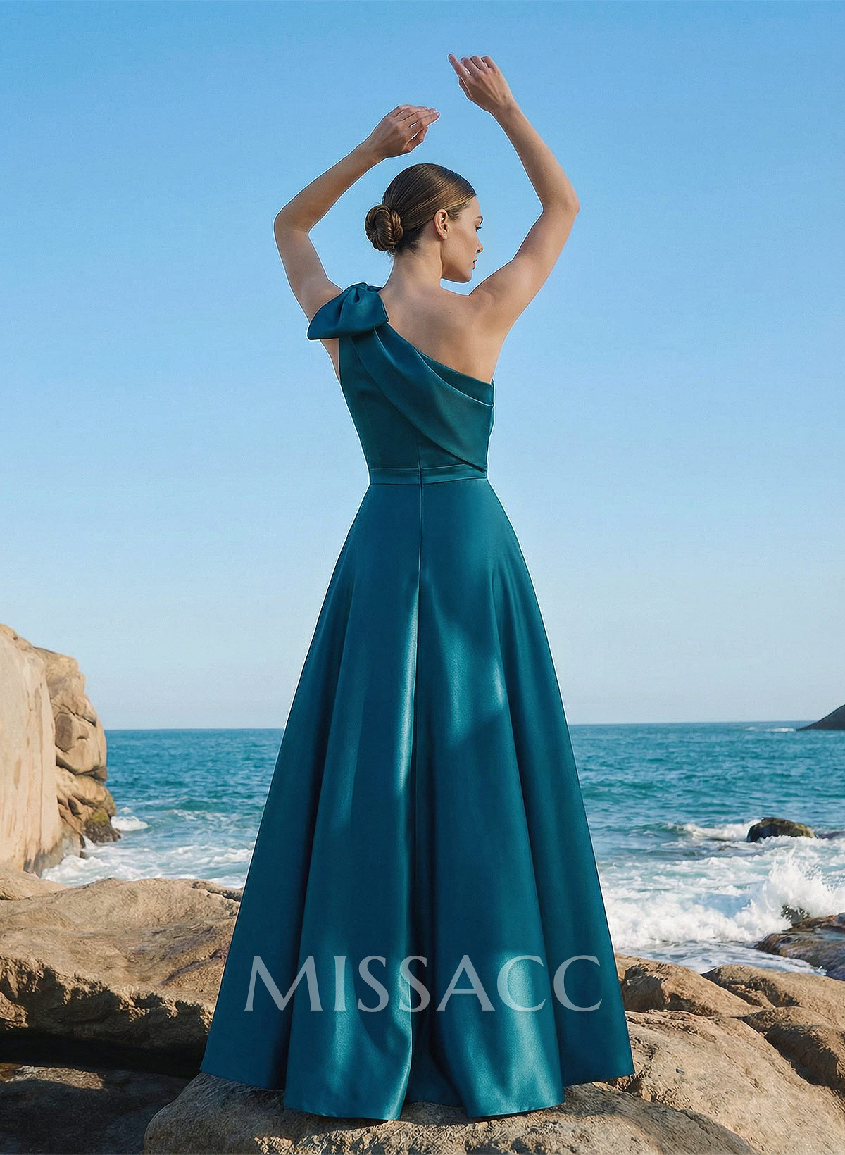 A-Line One-Shoulder Sleeveless Floor-Length Satin Evening Dresses With Rhinestone/High Split
