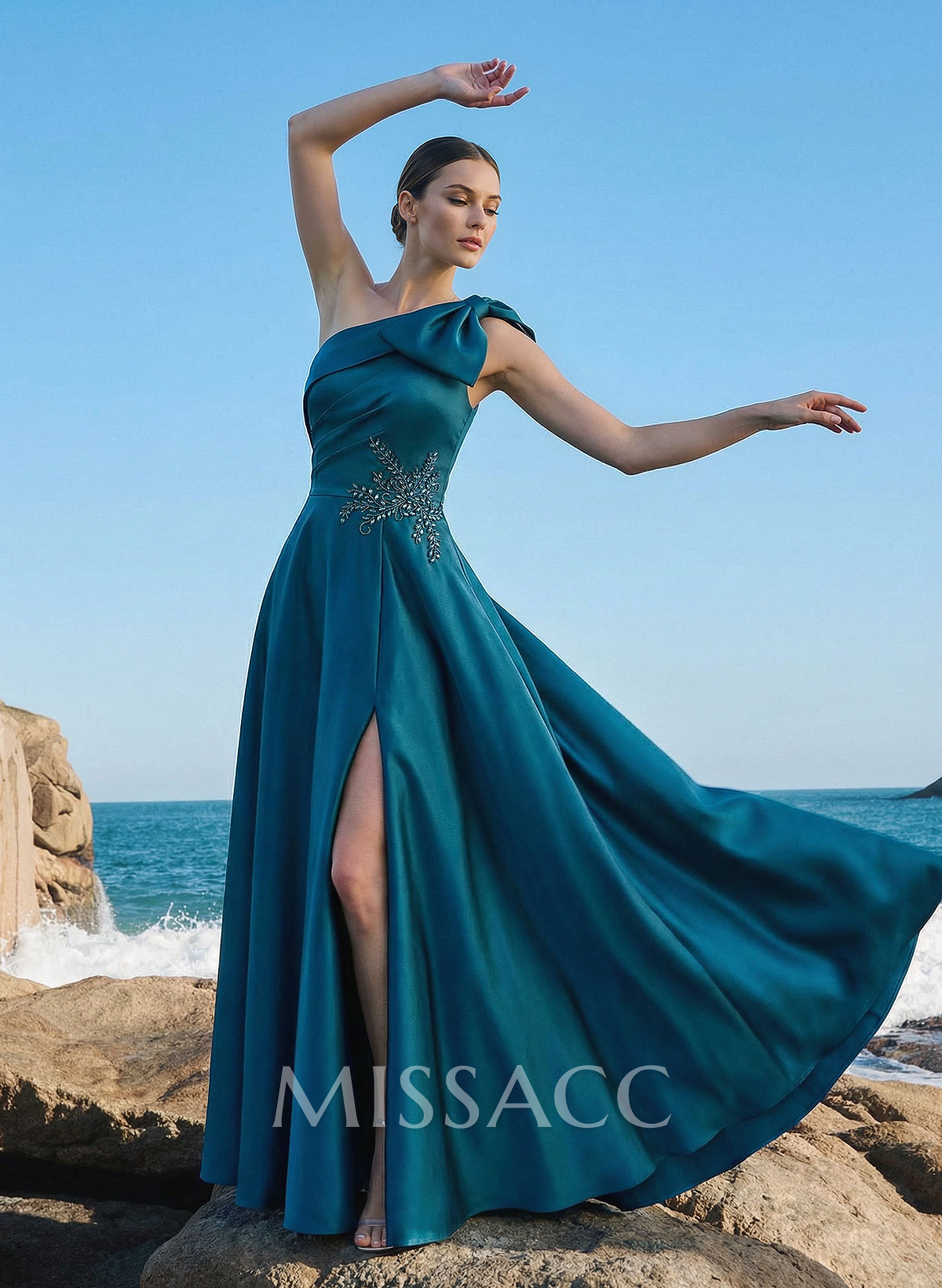 A-Line One-Shoulder Sleeveless Floor-Length Satin Evening Dresses With Rhinestone/High Split