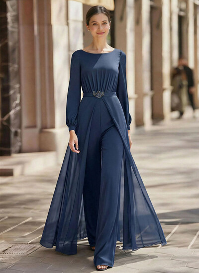 Jumpsuit/Pantsuit Scoop Neck Long Sleeves Floor-Length Chiffon Evening Dresses