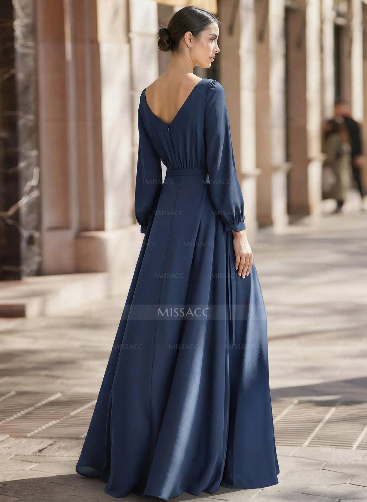 Jumpsuit/Pantsuit Scoop Neck Long Sleeves Floor-Length Chiffon Evening Dresses