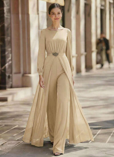 Jumpsuit/Pantsuit Scoop Neck Long Sleeves Floor-Length Chiffon Evening Dresses