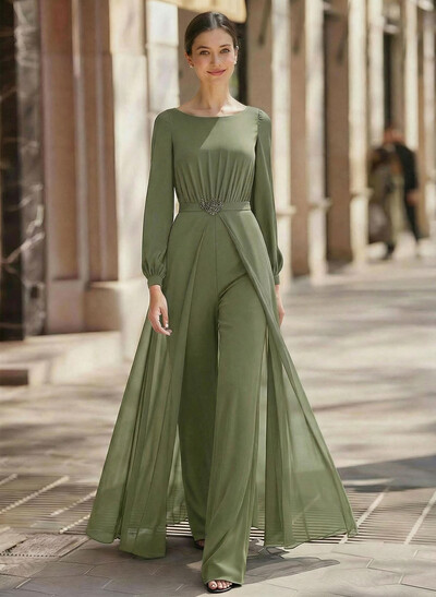 Jumpsuit/Pantsuit Scoop Neck Long Sleeves Floor-Length Chiffon Evening Dresses