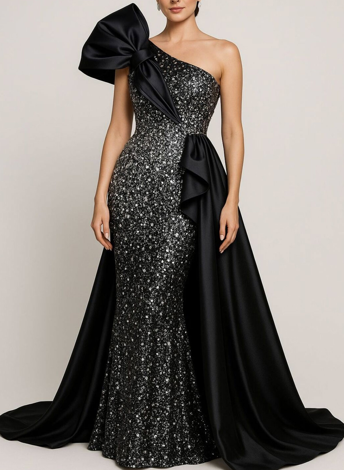 Sheath Column One-Shoulder Sleeveless Sweep Train Glitter Lace Soft Satin Wedding Dress With Bow Appliques Lace Shoulder Ruffle Overskirt Dress