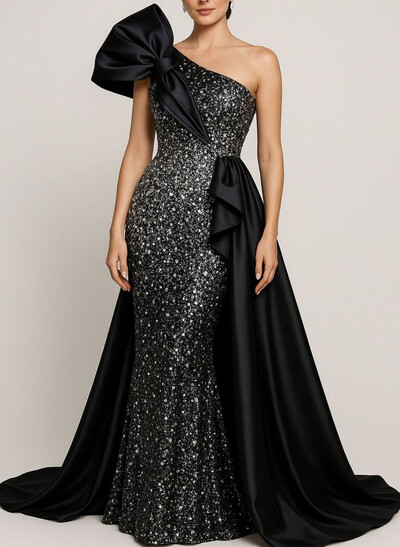 Sheath Column One-Shoulder Sleeveless Sweep Train Glitter Lace Soft Satin Wedding Dress With Bow Appliques Lace Shoulder Ruffle Overskirt Dress