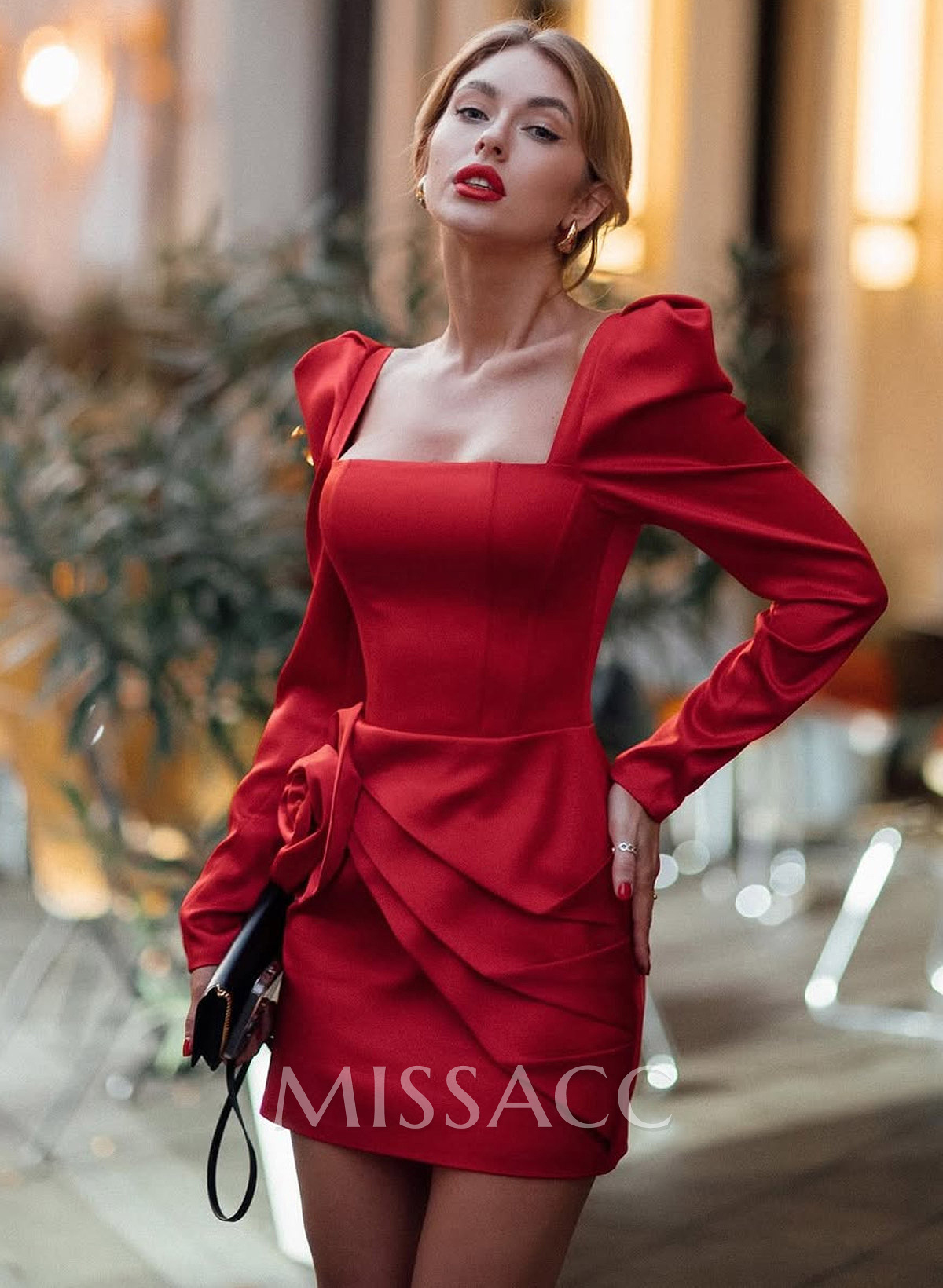Elegant Square Neckline Long Sleeves Flower(s) Detachable Sweeping Side Drape Tiered Short/Mini Matte Satin Evening Dresses