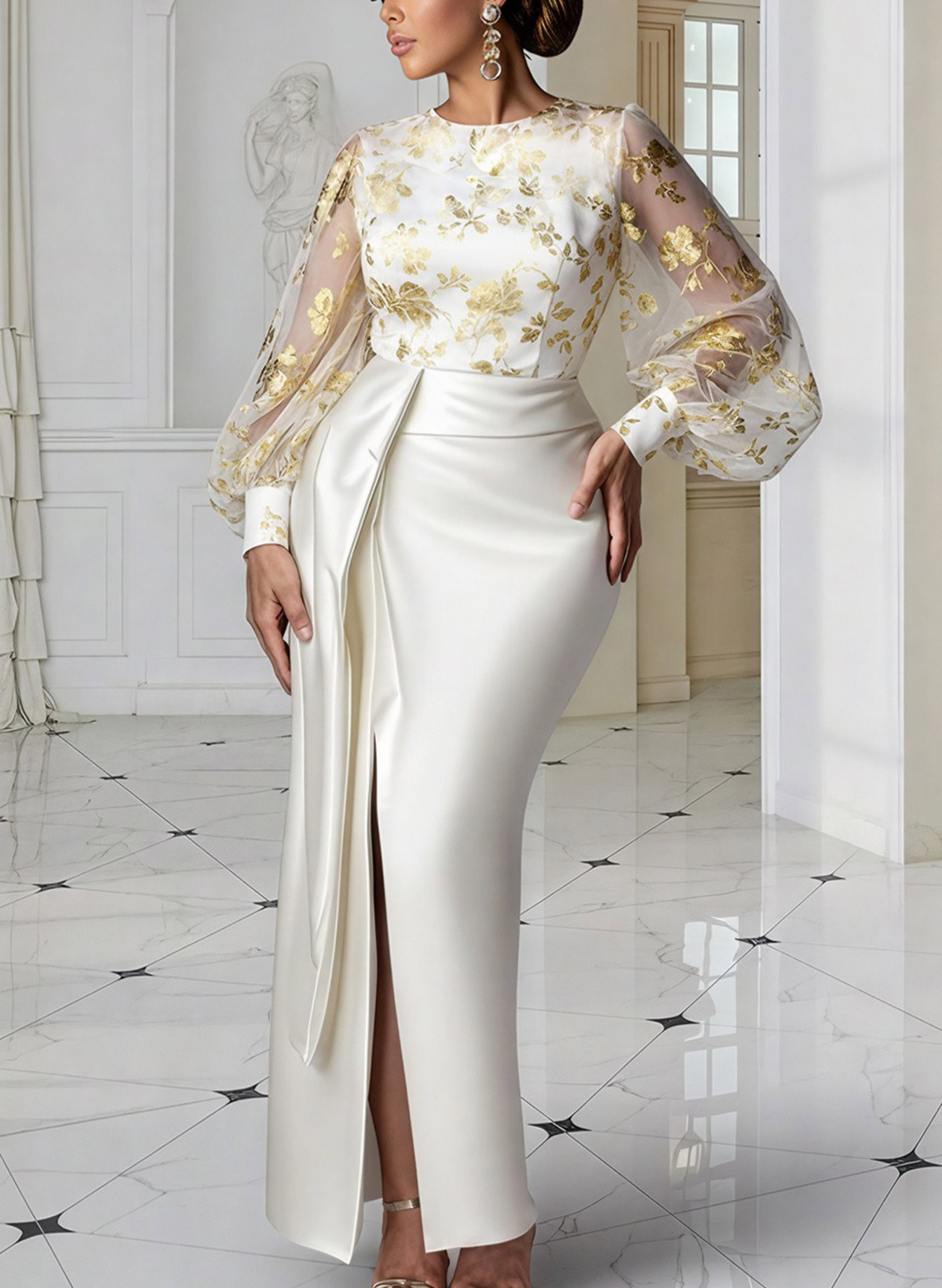 Sheath Column Scoop Neck Long Sleeves Floor-Length Soft Satin Evening Dresses With Flower(s) High Split