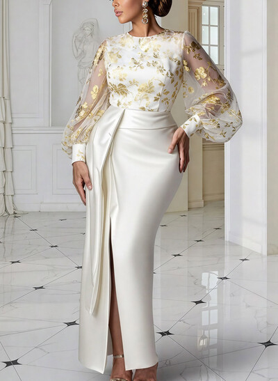 Sheath Column Scoop Neck Long Sleeves Floor-Length Soft Satin Evening Dresses With Flower(s) High Split