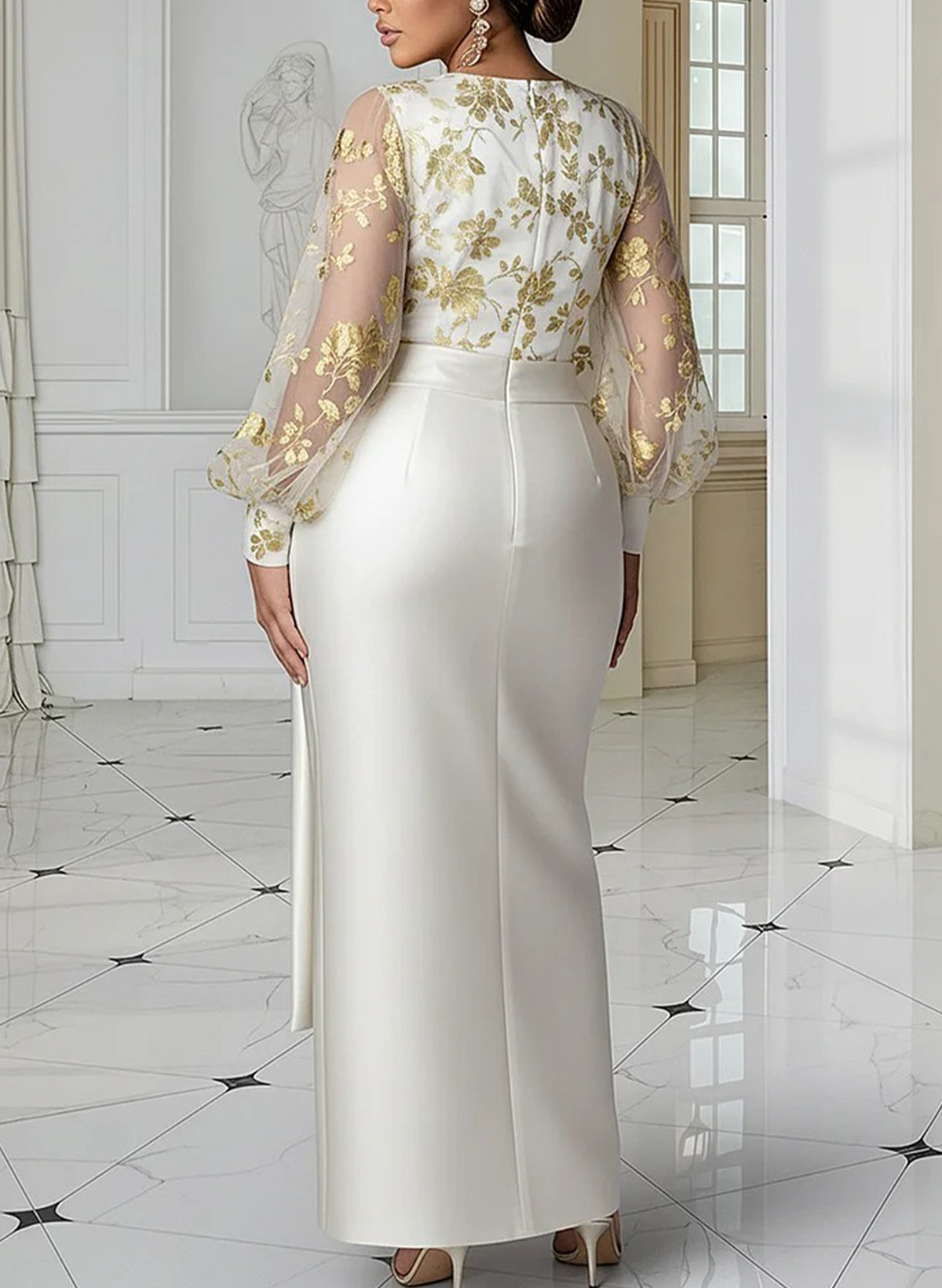 Sheath Column Scoop Neck Long Sleeves Floor-Length Soft Satin Evening Dresses With Flower(s) High Split