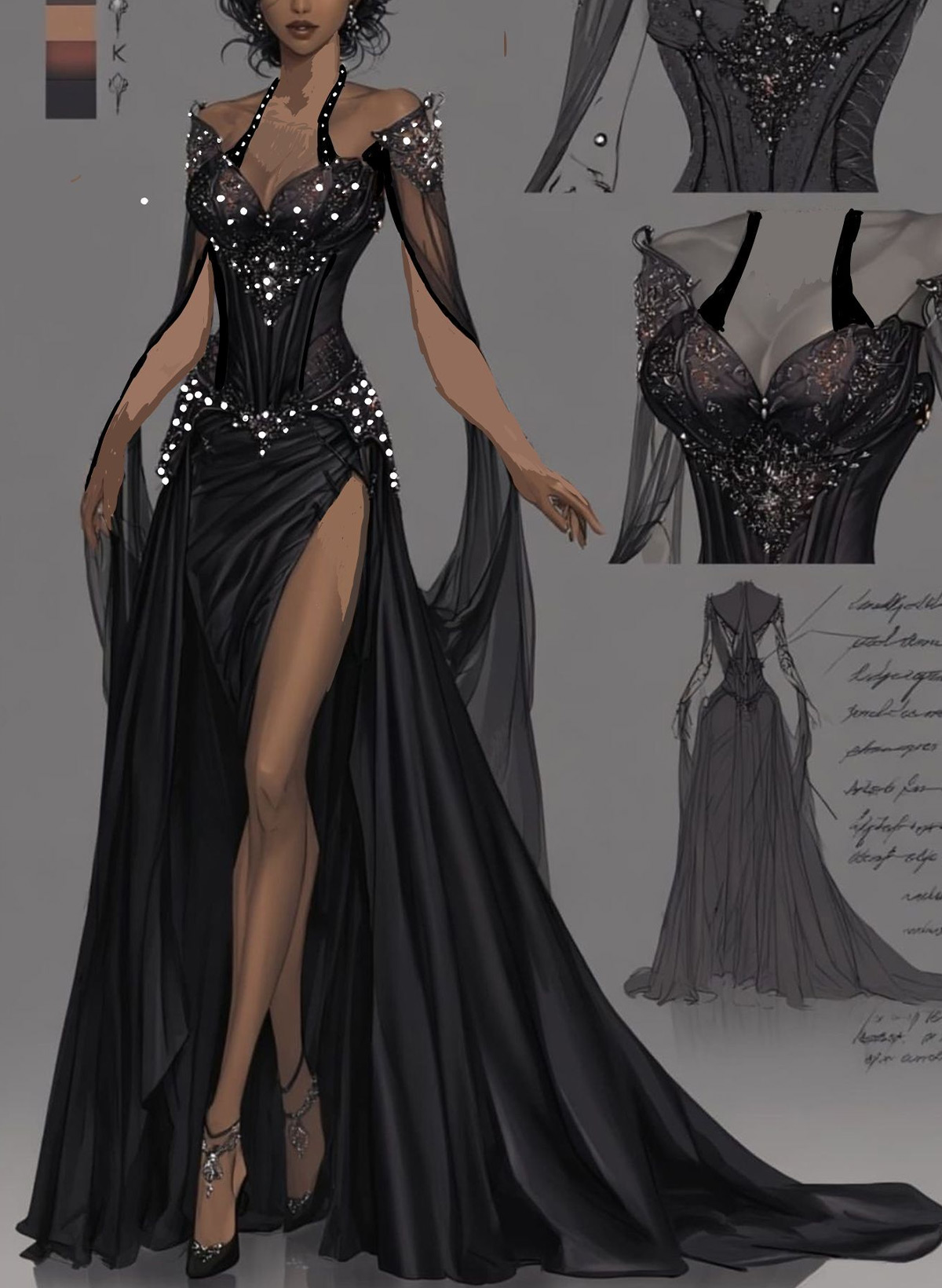 A-Line Sweetheart Cape Sleeves Court Train Chiffon Evening Dresses With Beading Rhinestone High Split