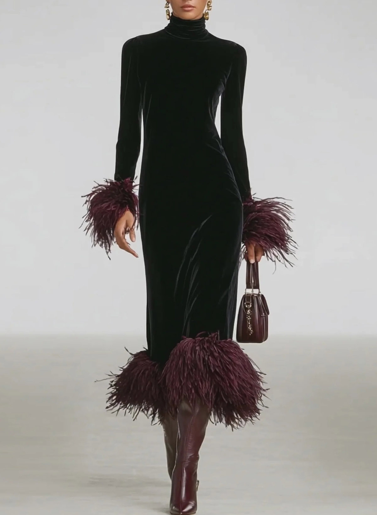 Sheath Column High Neck Long Sleeves Tea-Length Velvet Evening Dresses With