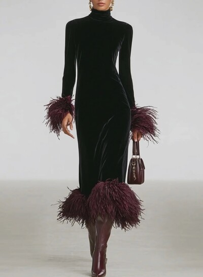 Sheath Column High Neck Long Sleeves Tea-Length Velvet Evening Dresses With