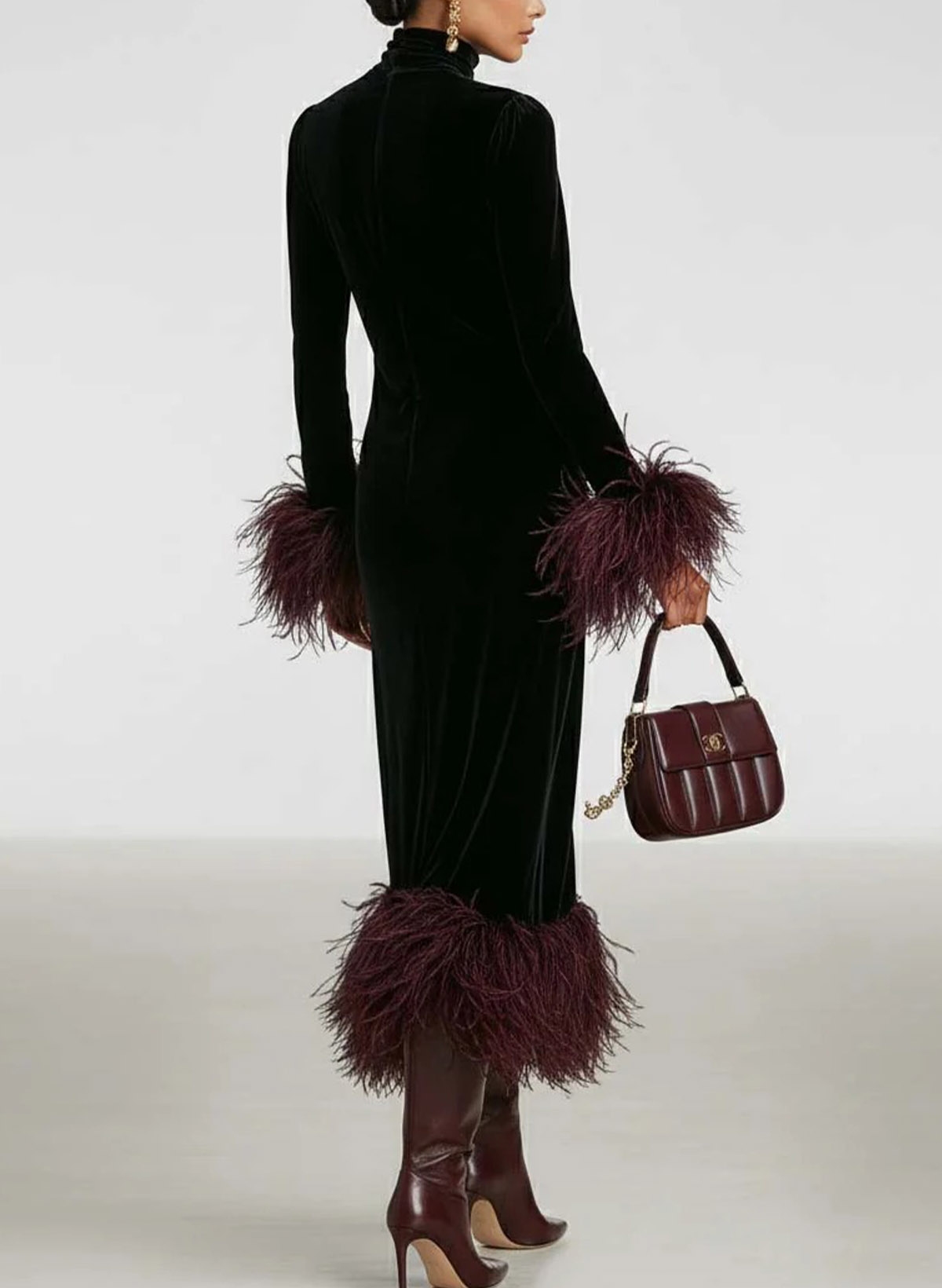 Sheath Column High Neck Long Sleeves Tea-Length Velvet Evening Dresses With