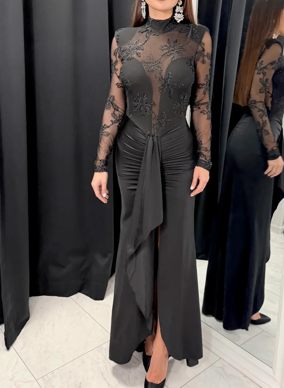 Sheath Column High Neck Long Sleeves Floor-Length Lace Crepe Satin Evening Dresses With Flower Tiered