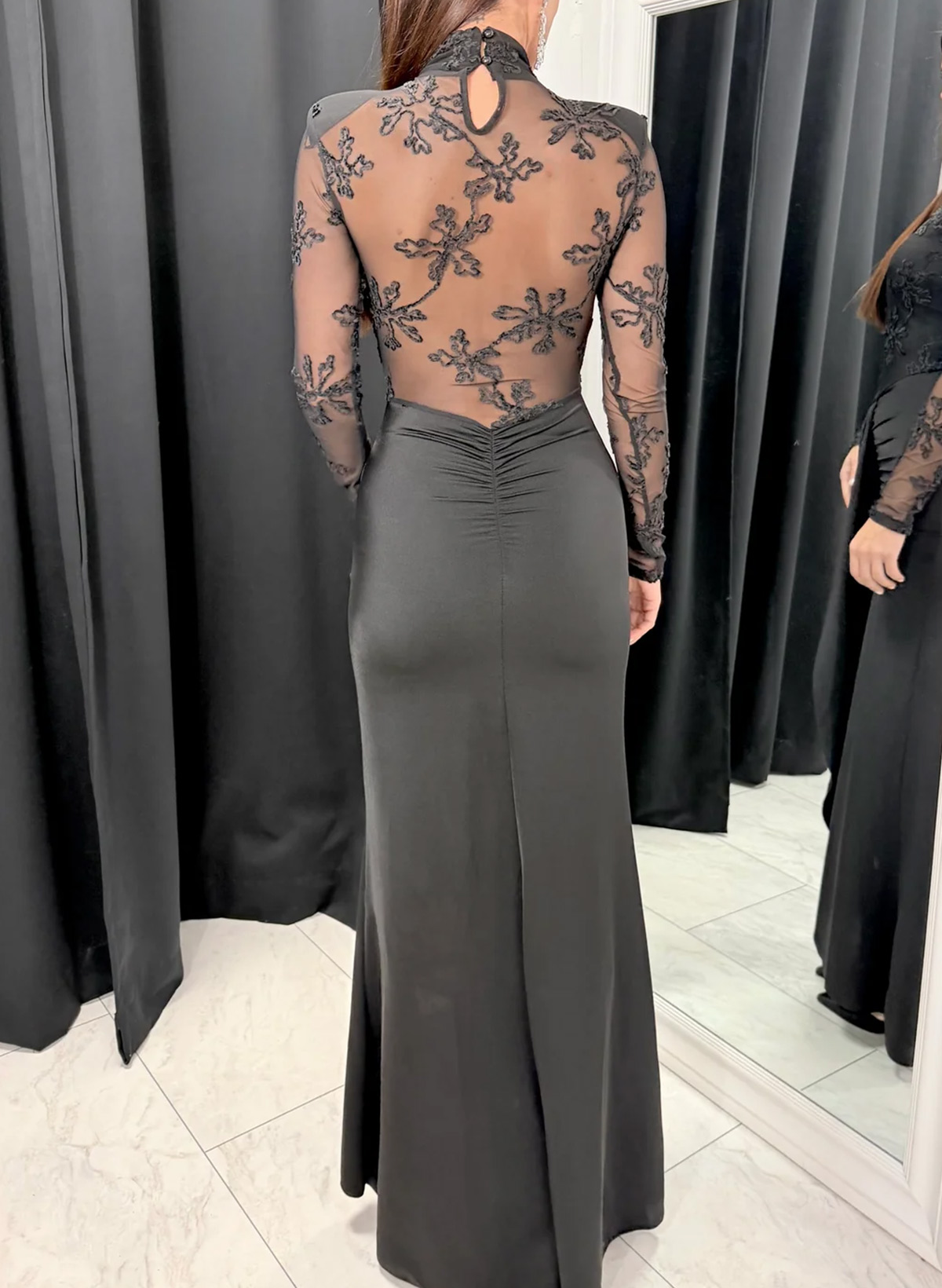 Sheath Column High Neck Long Sleeves Floor-Length Lace Crepe Satin Evening Dresses With Flower Tiered