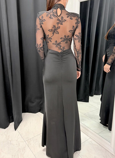 Sheath Column High Neck Long Sleeves Floor-Length Lace Crepe Satin Evening Dresses With Flower Tiered