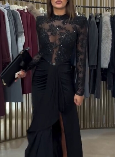 Sheath Column High Neck Long Sleeves Floor-Length Lace Crepe Satin Evening Dresses With Flower Tiered