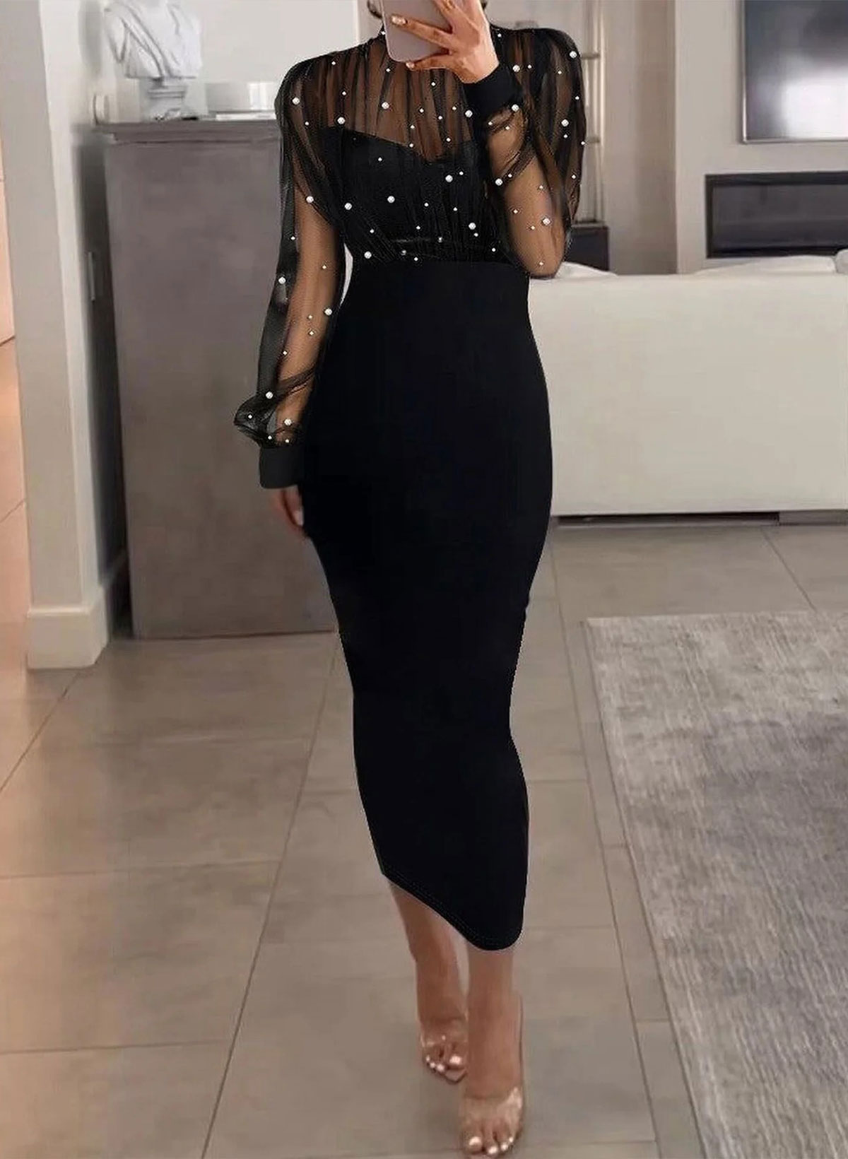 Sheath/Column Long Sleeves Tea-Length Elastic Satin Evening Dresses With Beading