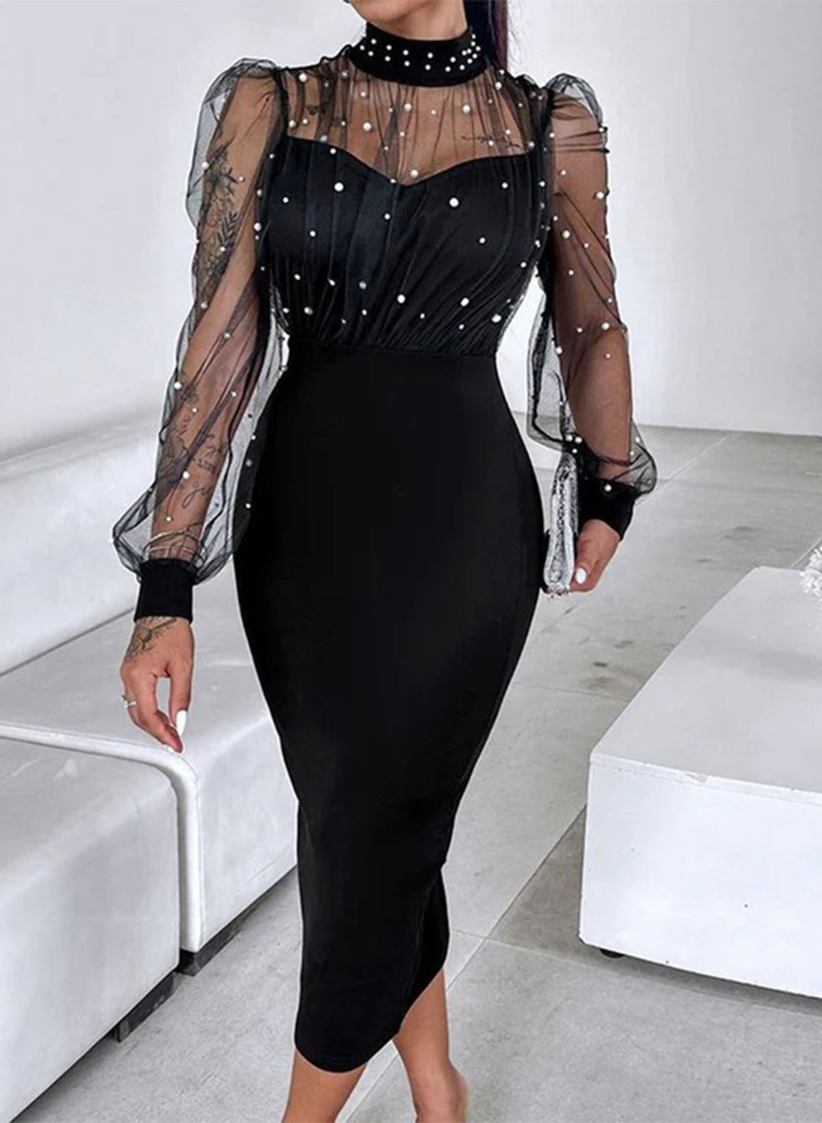 Sheath/Column Long Sleeves Tea-Length Elastic Satin Evening Dresses With Beading