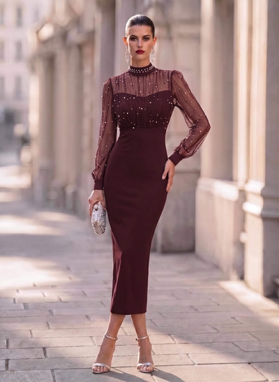 Sheath/Column Long Sleeves Tea-Length Elastic Satin Evening Dresses With Beading