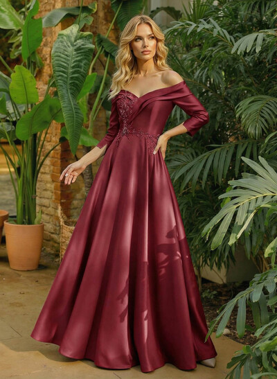 A-Line Off-The-Shoulder 3/4 Sleeves Floor-Length Satin Evening Dresses With Pockets Lace Rhinestone Flower