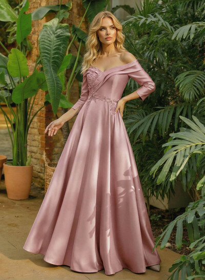 A-Line Off-The-Shoulder 3/4 Sleeves Floor-Length Satin Evening Dresses With Pockets Lace Rhinestone Flower