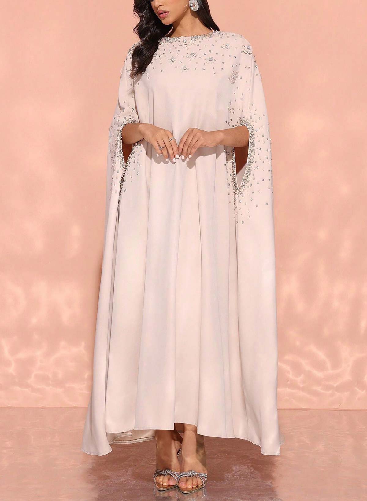 Scoop Neck Cape Sleeves Ankle-Length Elastic Satin Evening Dresses With Beading/Sequins/Appliques Lace