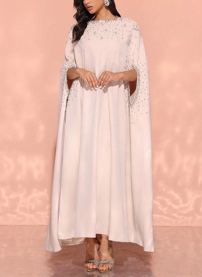 Scoop Neck Cape Sleeves Ankle-Length Elastic Satin Evening Dresses With Beading/Sequins/Appliques Lace