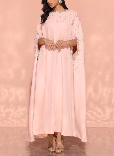 Scoop Neck Cape Sleeves Ankle-Length Elastic Satin Evening Dresses With Beading/Sequins/Appliques Lace