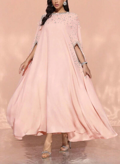 Scoop Neck Cape Sleeves Ankle-Length Elastic Satin Evening Dresses With Beading/Sequins/Appliques Lace