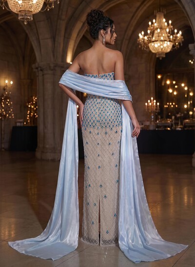Lace/Elastic Satin(Slight Stretch) Sheath/Column Strapless Sleeveless Floor-Length Evening Dresses With Rhinestone