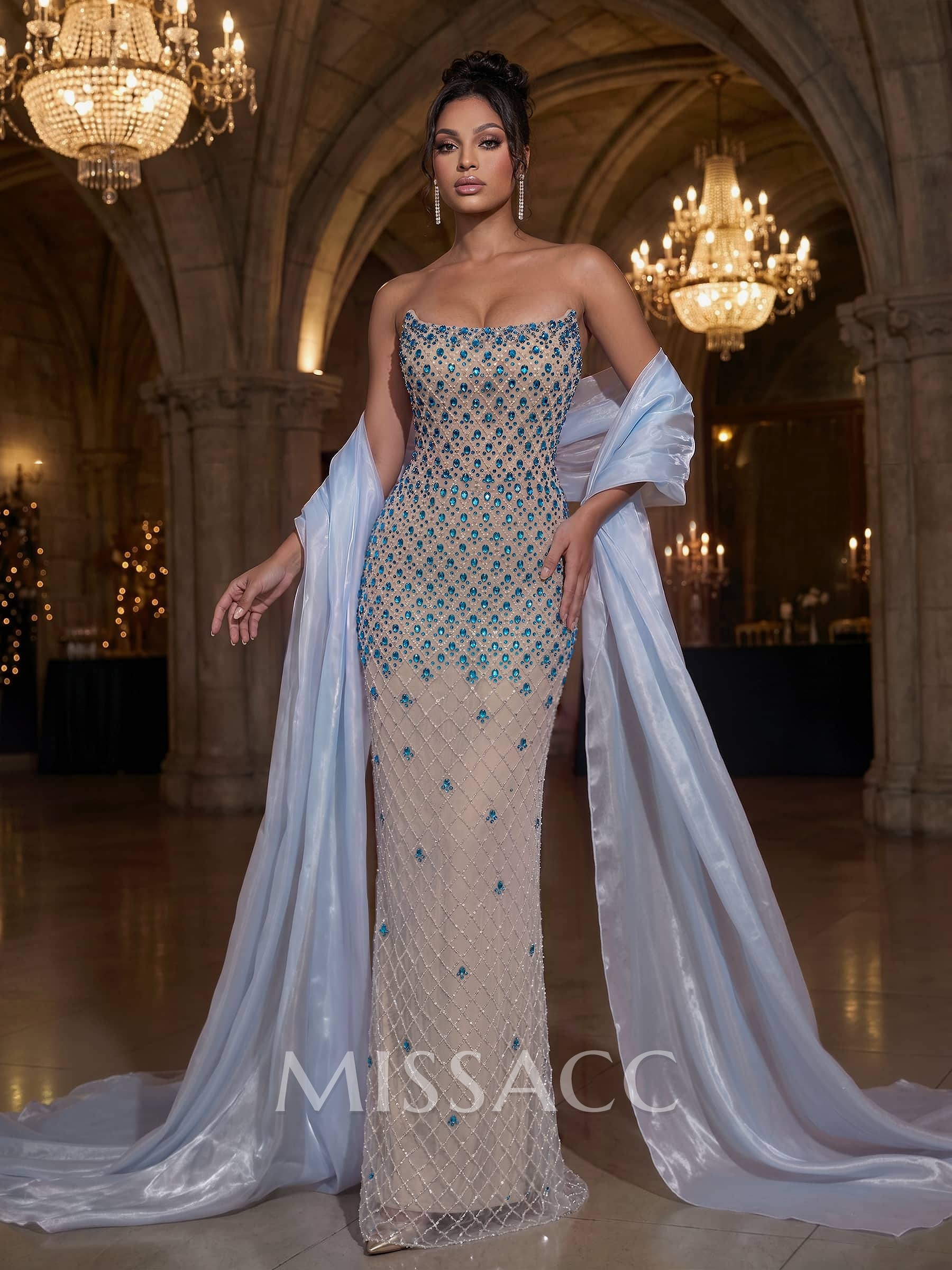 Lace/Elastic Satin(Slight Stretch) Sheath/Column Strapless Sleeveless Floor-Length Evening Dresses With Rhinestone