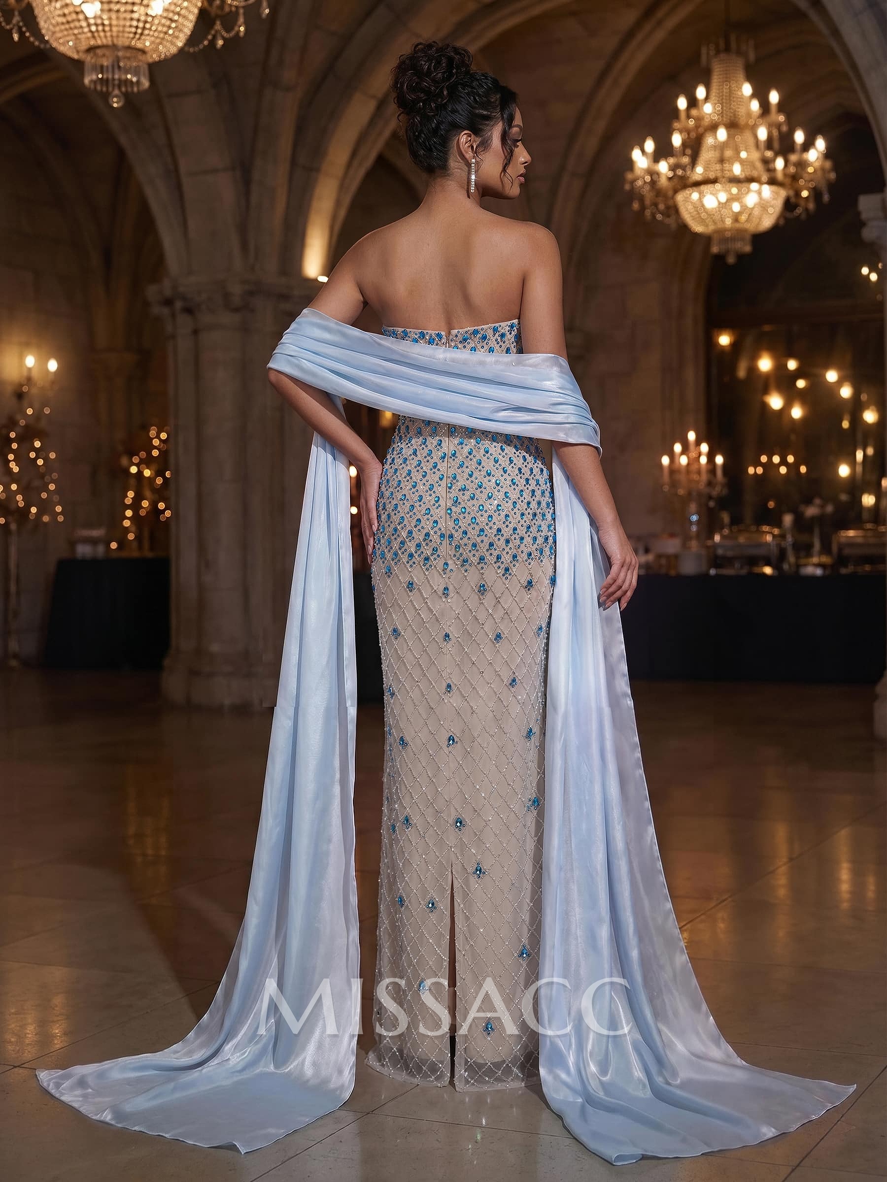 Lace/Elastic Satin(Slight Stretch) Sheath/Column Strapless Sleeveless Floor-Length Evening Dresses With Rhinestone