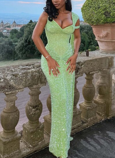 Sheath/Column One-Shoulder Sleeveless Floor-Length Sequined Evening Dresses With Sequins