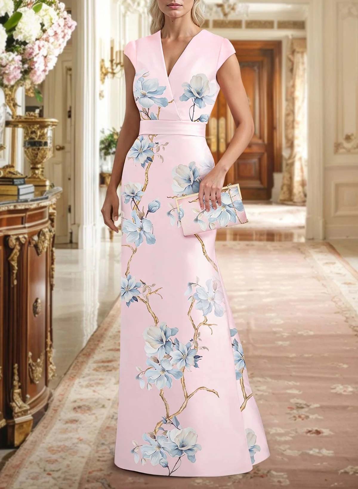 Trumpet/Mermaid V-Neck Cape Sleeves Floor-Length Satin Evening Dresses With Flower(s)