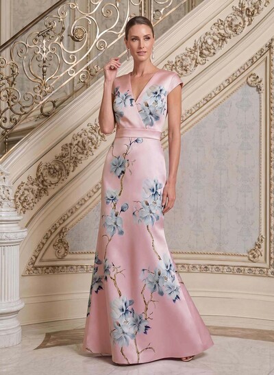 Trumpet/Mermaid V-Neck Cape Sleeves Floor-Length Satin Evening Dresses With Flower(s)